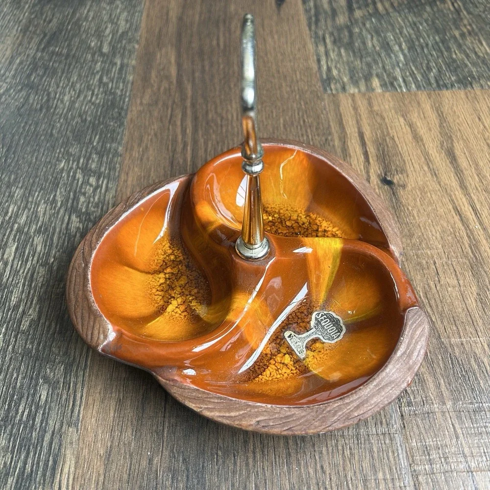 Vintage MCM Sequoia Ware Orange Drip 3 Section Nut Candy Dish #618